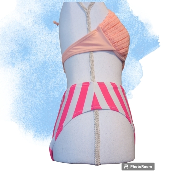 BRAZILLIAN cut HOT Pink Stripe HIGH Waisted Bikini Bottoms & Crotched top - Picture 2 of 12